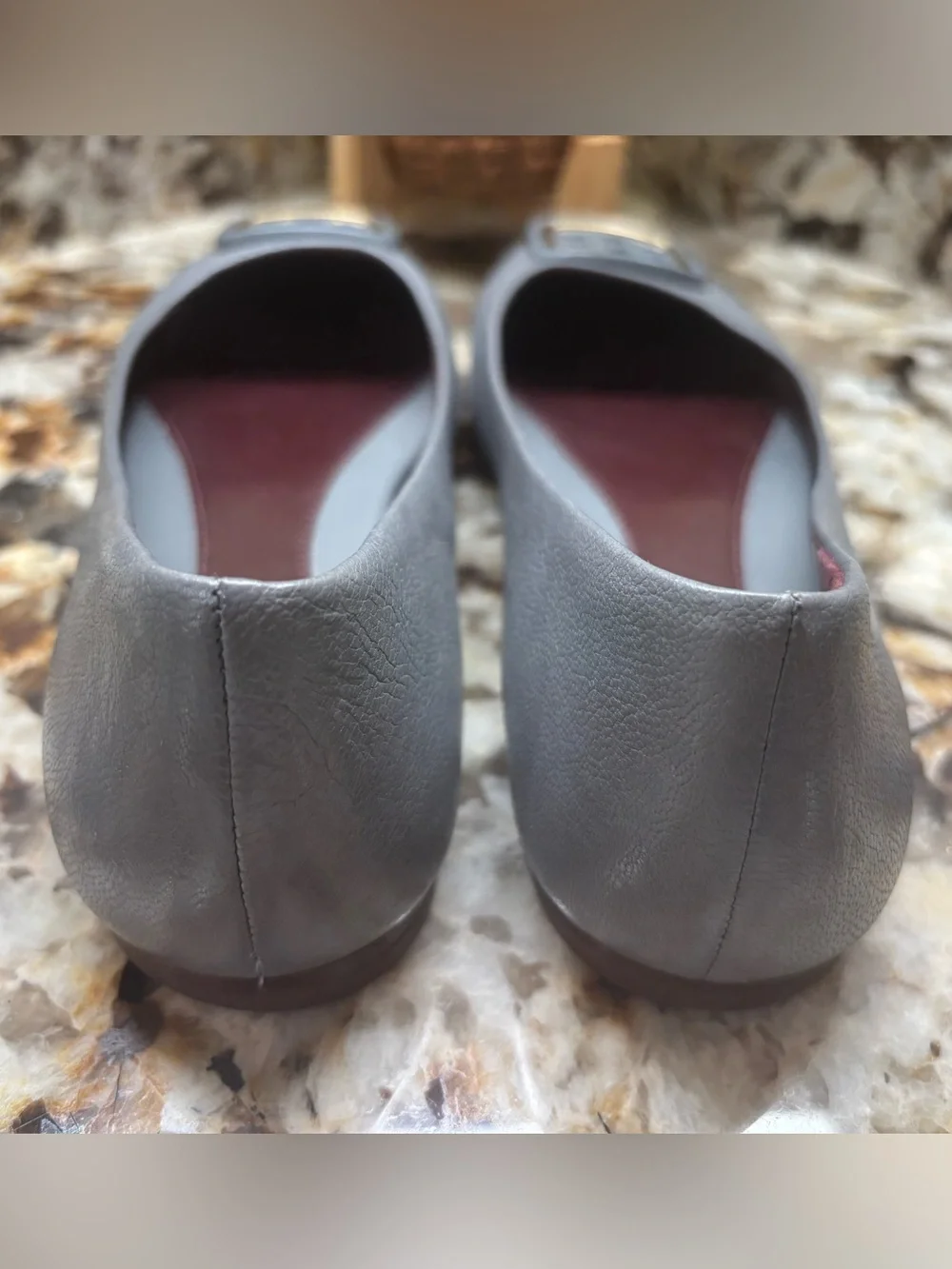 Tory Burch Gray Leather Logo Ballet Flats with Gold-Tone Accent
